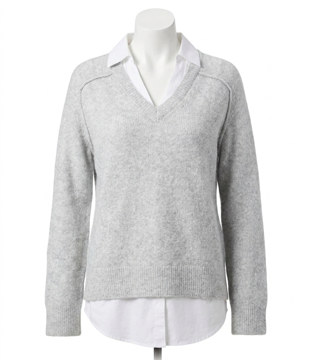 NEW KAREN KANE lena layered sweater in light heather gray and white